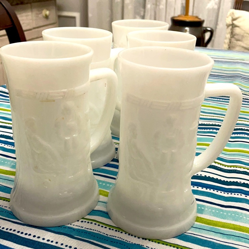 Set of 5 Vintage Milk Glass Beer Mugs